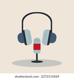 Flat vector illustration of a microphone and headphones in retro style. Suitable for icons, stickers, podcast covers. eps10