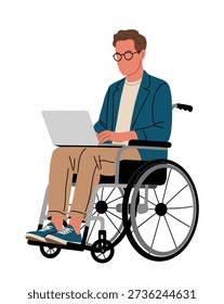 Flat vector illustration of a middle-aged man using a wheelchair, wearing a relaxed business jacket, t-shirt, trousers, and sneakers, working on a laptop, isolated on a white background.