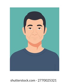 Flat vector illustration of a middleaged man with short dark hair wearing a blue tshirt on a green background
