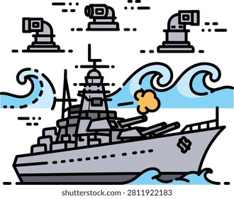 Flat vector illustration of a military battleship on rough sea waves