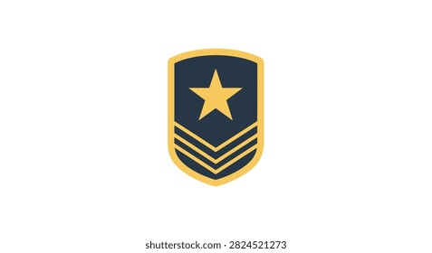 A flat vector illustration of a military rank shield featuring a central gold star above three horizontal chevrons on a dark background.