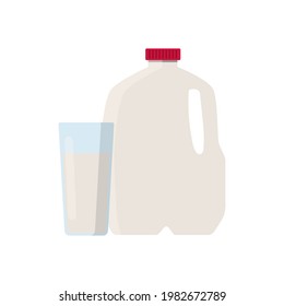 Flat Vector Illustration Of Milk In Plastic Gallon Jug With Red Cap. And Glass Of Milk. Isolated On White Background