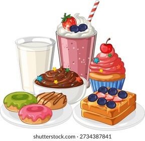 Flache Vektorgrafik von Milch, Erdbeer-Smoothie, Cupcake, Donuts und Waffeln mit Beerenauflagen