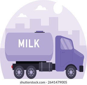 Flat Vector Illustration of a Milk Tanker Truck with Cityscape Background – Dairy Transportation