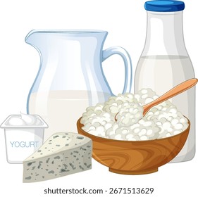 Ilustración vectorial plana de leche, yogur, queso y requesón en un estilo limpio y minimalista.