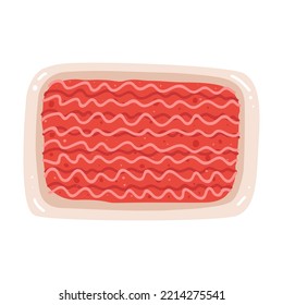 Flat vector illustration of minced meat in a package. A painted product on a white background.