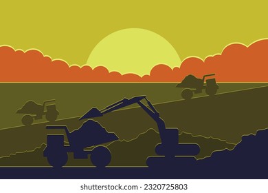Flat vector illustration of a mine landscape. The concept of stone extraction, industrial machinery and transportation. Outdoor excavator and dump truck. Mining production, stone extraction process.