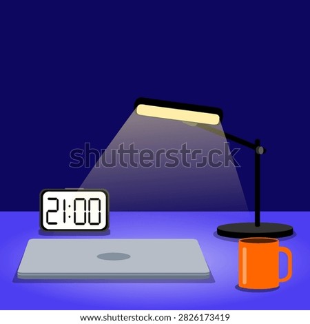 Flat vector illustration of a minimalist home office workspace at night featuring a closed laptop, desk lamp, coffee mug and digital clock on a dark blue and purple background.