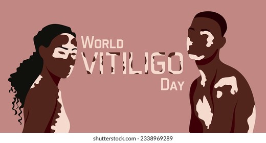 Ilustración vectorial plana, estilo minimalista y moderno. 25 de junio - Día Mundial del Vitiligo. Personas en pareja (una mujer y un hombre) con problemas cutáneos de Vitiligo. Concepto positivo del cuerpo de moda. 