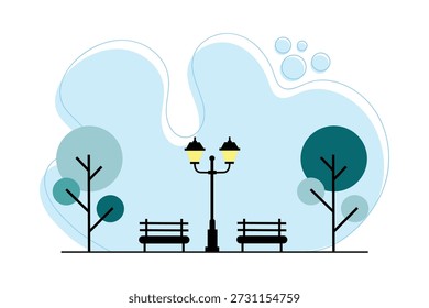 Flat vector illustration of a minimalist urban park with benches, trees, and classic street lamp.
