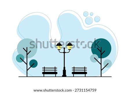 Flat vector illustration of a minimalist urban park with benches, trees, and classic street lamp.