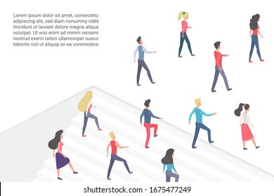 El concepto minimalista de ilustración plana vectorial con gente caminando arriba y yendo hacia adelante, se mueve en una dirección. Plantilla para banner, afiche de desarrollo profesional, profesional y profesional
