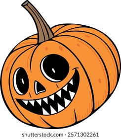 Flat vector illustration of a mischievous jack-o'-lantern with a toothy grin, perfect for Halloween designs, party invitations, and seasonal decorations.