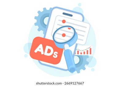 Flat vector illustration of mobile advertising analytics. Smartphone with magnifying glass and performance data, representing programmatic ads, campaign tracking, and digital marketing analysis.