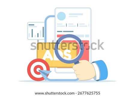 Flat vector illustration of mobile advertising strategy. Native ads and programmatic targeting for smartphones, optimizing campaigns, increasing engagement, and enhancing mobile marketing performance.