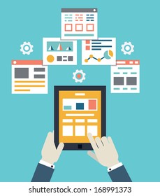 Flat vector illustration of mobile application optimization, programming, design and analytics - vector illustration