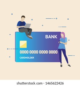 Flat vector illustration of mobile banking concept. Using a smartphone for operations with bank cards and accounts.