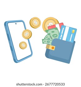 Ilustración vectorial plana de transferencia de dinero móvil y concepto de pago en línea. Transacciones digitales seguras, banca móvil, compras en línea y ganar dinero a través de operaciones financieras seguras.