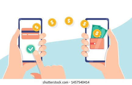 Flat vector illustration of Mobile payment transfer. People sending and receiving money wireless with their mobile phones. Hands holding smartphones with online banking payment apps. Mobile wallet