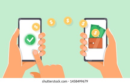 Flat vector illustration of Mobile payment transfer. People sending and receiving money wireless with their mobile phones. Hands holding smartphones with online banking payment apps. Mobile wallet