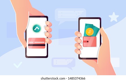 Flat vector illustration of Mobile payment transfer. People sending and receiving money wireless with their mobile phones. Hands holding smartphones with online banking payment apps. Mobile wallet