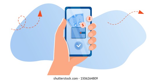 Flat vector illustration of Mobile payment transfer. People sending and receiving money wireless with their mobile phone. Hand holding smartphone with online banking payment apps. Mobile wallet, cash