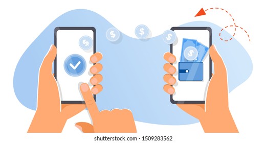 Flat vector illustration of Mobile payment transfer. People sending and receiving money wireless with their mobile phones. Hands holding smartphones with online banking payment apps. Mobile wallet