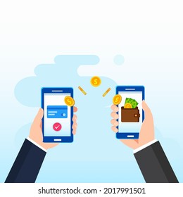 Flat vector illustration of Mobile payment transfer. People sending and receiving money wireless with their mobile phones. Flat vector template Style Suitable for Web Landing Page.