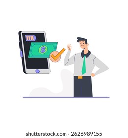 Flat vector illustration of mobile payment with a smartphone and payment symbols. Great for illustrating online shopping and digital transactions.