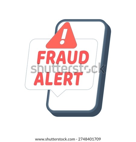 Flat vector illustration of mobile phone with fraud alert warning sign, online security, digital transaction safety, vigilance, modern flat design for cybersecurity and fintech concept.