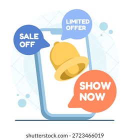 Flat vector illustration of mobile screen displaying sale promotion. Percentage discount bubble, show now message, promotional price offer, and retail badge symbol concept.
