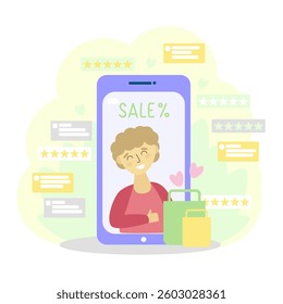 Flat vector illustration of mobile shopping app with happy user, sale percentage, customer reviews and five-star ratings