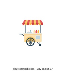 Flat Vector Illustration of a Mobile Street Food Vendor Cart with Striped Canopy and Condiments