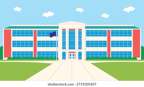Flache Vektorgrafik eines modernen Akademiker- oder Bürogebäudes mit großen blauen Fenstern, weißen Säulen und einer Flagge. Ideal für Hochschul-, High School- und Bildungsprojekte