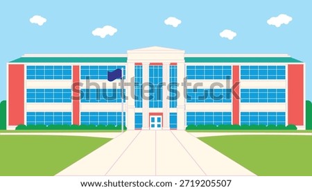 Flat vector illustration of a modern academic or office building featuring large blue windows, white columns, and a flag. Ideal for university, high school, and education projects