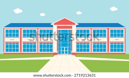 Flat vector illustration of a modern academic building featuring red walls, large blue glass windows, and a white entrance. Ideal for school, university, and education themed designs