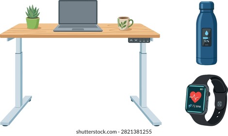 A flat vector illustration of a modern adjustable standing desk with a laptop, succulent, and coffee mug, alongside a smart water bottle and fitness watch.