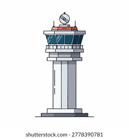 A flat vector illustration of a modern airport control tower with a radar antenna on top isolated on a white background