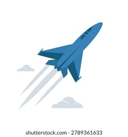 A flat vector illustration of a modern blue fighter jet aircraft soaring through the clouds with a trail of exhaust