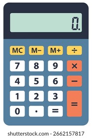 Flache Vektorgrafik eines modernen Taschenrechners mit numerischen Tasten und Bildschirm, perfekt für Bildungs-, Finanz- und Bürodesign-Projekte