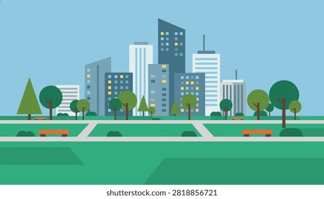 Flat vector illustration of a modern city park with green trees and benches in front of tall skyscrapers.