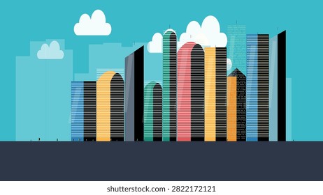 A flat vector illustration of a modern city skyline with colorful skyscrapers against a teal sky with white clouds.