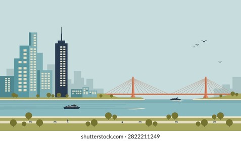 A flat vector illustration of a modern city skyline with a cable-stayed bridge over a river, featuring boats, park greenery, and a clear sky background.
