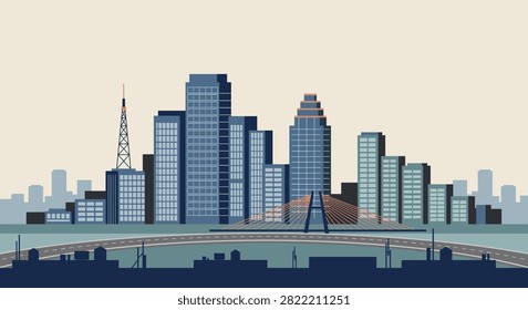 A flat vector illustration of a modern city skyline featuring tall skyscrapers, a communications tower, and a cable-stayed bridge over a highway.