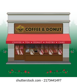 A flat vector illustration of a modern coffee and donut shop storefront during the day. The building features a red awning with white text listing coffee, tea, donut, pastry, and cake, below a large brown Coffee and Donut sign. This high quality architectural graphic includes large glass windows and a city skyline silhouette, making it ideal for cafe branding, urban commerce blog headers, and local bakery website backdrops.