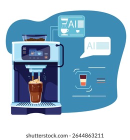 Flat vector illustration of a modern coffee machine integrated with artificial intelligence tools. Futuristic smart coffee maker with digital interface, AI elements.