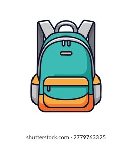 A flat vector illustration of a modern colorful school backpack featuring a teal main compartment and an orange front pocket isolated on white
