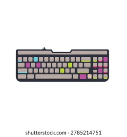 A flat vector illustration of a modern computer keyboard featuring scattered vibrant colorful keys against a neutral background.