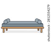 A flat vector illustration of a modern daybed with a wooden frame, grey mattress, and two cylindrical bolster pillows on each side.