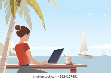 Flat vector illustration of a modern digital nomad sitting on a tropical beach and a palm tree, typing on a sleek laptop, ocean in the background